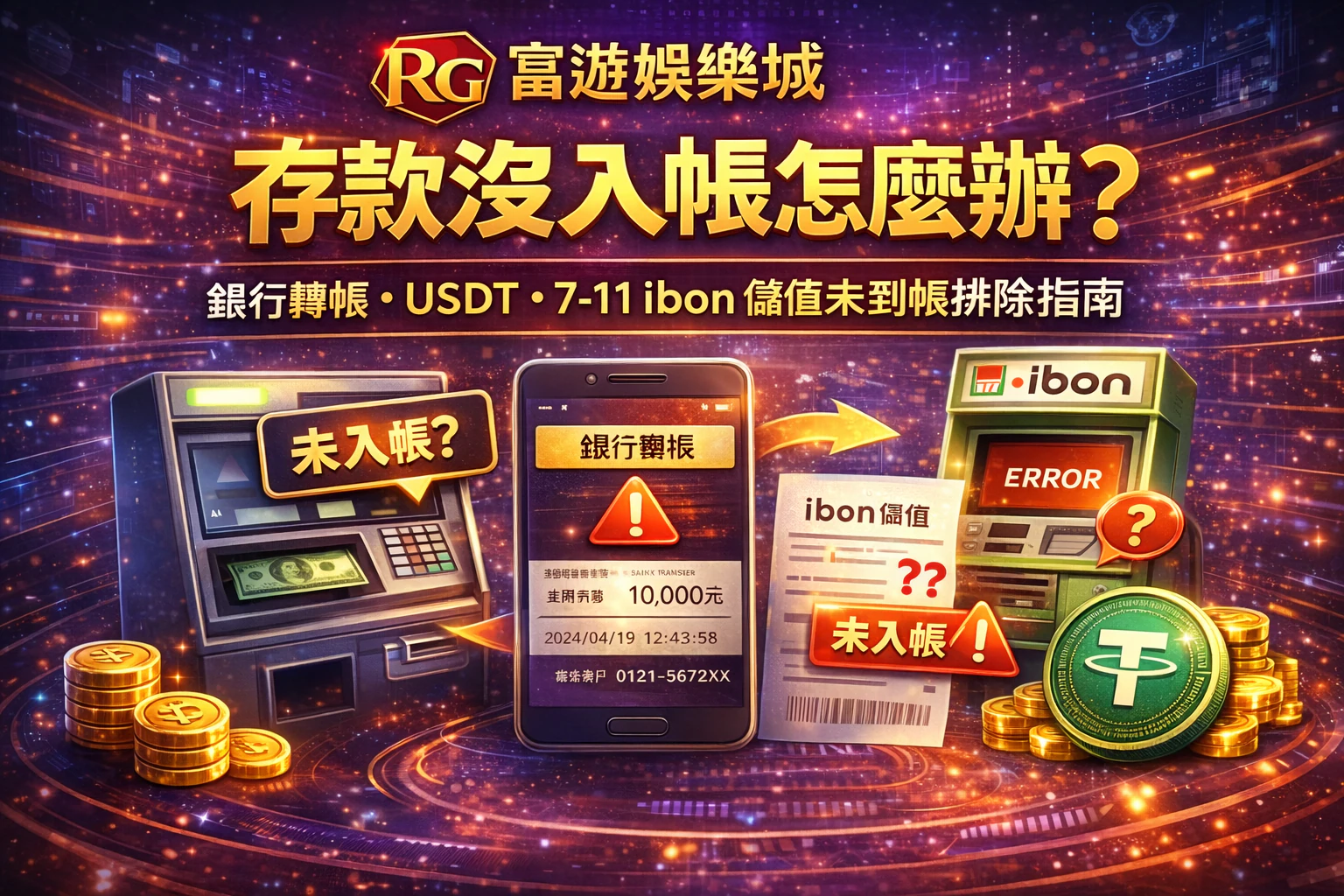 RG富遊娛樂城存款沒入帳封面圖:銀行轉帳、USDT、7-11 ibon 儲值未到帳排除指南